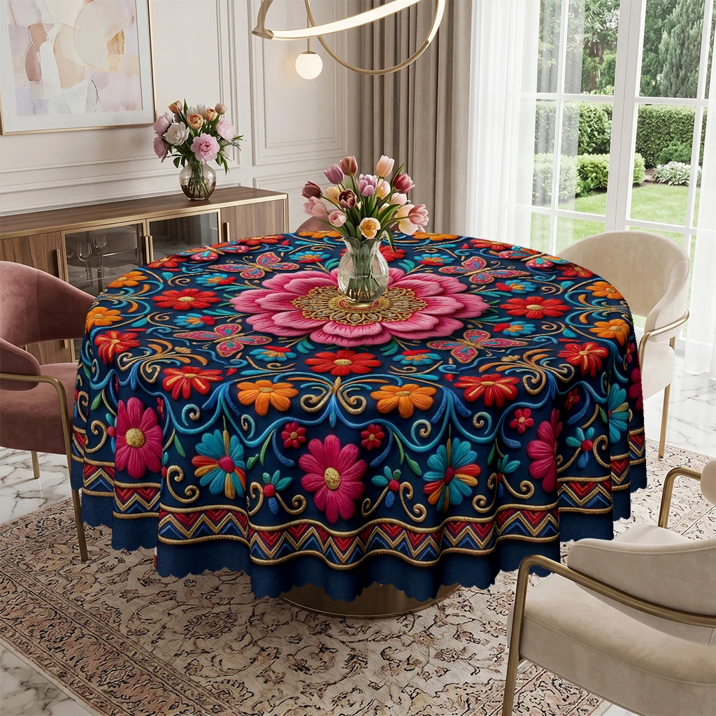Vintage Folk Art Floral Round Tablecloth, Colorful Botanical Butterfly Motif Table Cover for Kitchen Dining Banquet Holiday Party, Washable Durable Everyday Home Decor Table Cloth for Family Dinner Gatherings, Vibrant Dark Blue Centerpiece