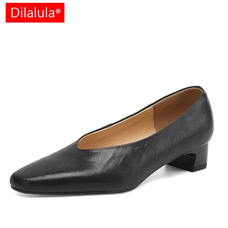 

Dilalula 2025 классические лаконичные туфли-лодочки из натуральной кожи, женские офисные туфли с квадратным носком и мелким носком, женские туфли-лодочки на среднем толстом каблуке