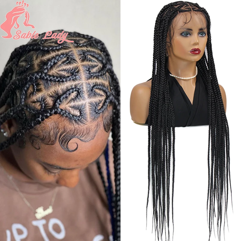 

36inch Synthetic Full Lace Braid Wig Distressed Cornrow Heart-shaped Braids Wig with Baby Hair Handmade Braided Lace Frontal Wig