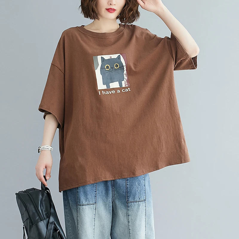 تي شيرت نسائي مقاس كبير بأسلوب كوري مع طباعة كرتونية وأكمام قصيرة وياقة مستديرة وتصميم فضفاض متعدد الاستخدامات للصيف من القطن #2