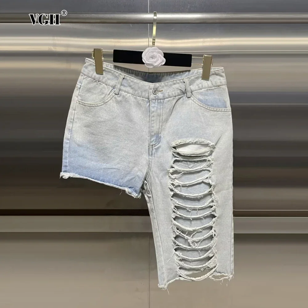 

VGH Streetwear Ripped Designer Blue Jeans for Women High Waist Asymmetrical Cutout Patchwork Denim Shorts Female Summer Clothes