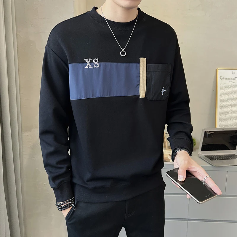 

Современный мужской свитшот с круглым вырезом, базовый топ, микрокомбинированный, с цветными блоками, из смесового хлопка и полиэстера, для повседневной носки