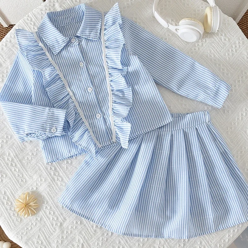 Girls Suit 2026 Spring And Autumn New Childrens Clothing Girls Baby Blue Stripe Flounce Long-sleeved Shirt Skirt Two Sets