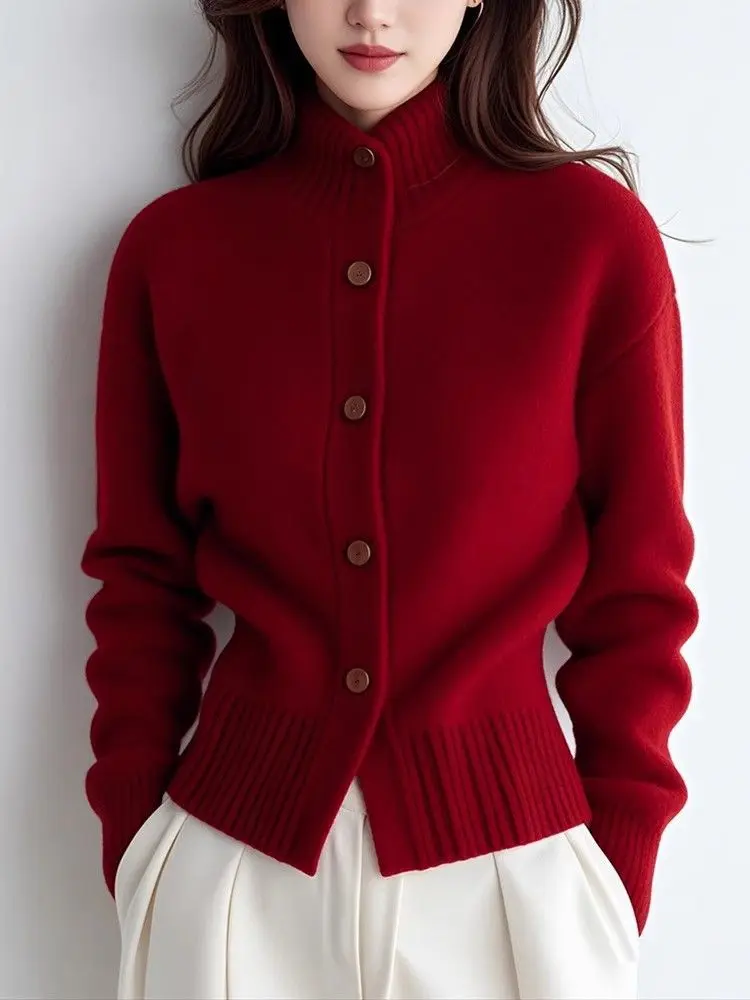 New Chic Red Knit sweater Long Sleeve Turtleneck Cardigan Women Fall winter Elegant Lady Commuter Casual top Knitwear