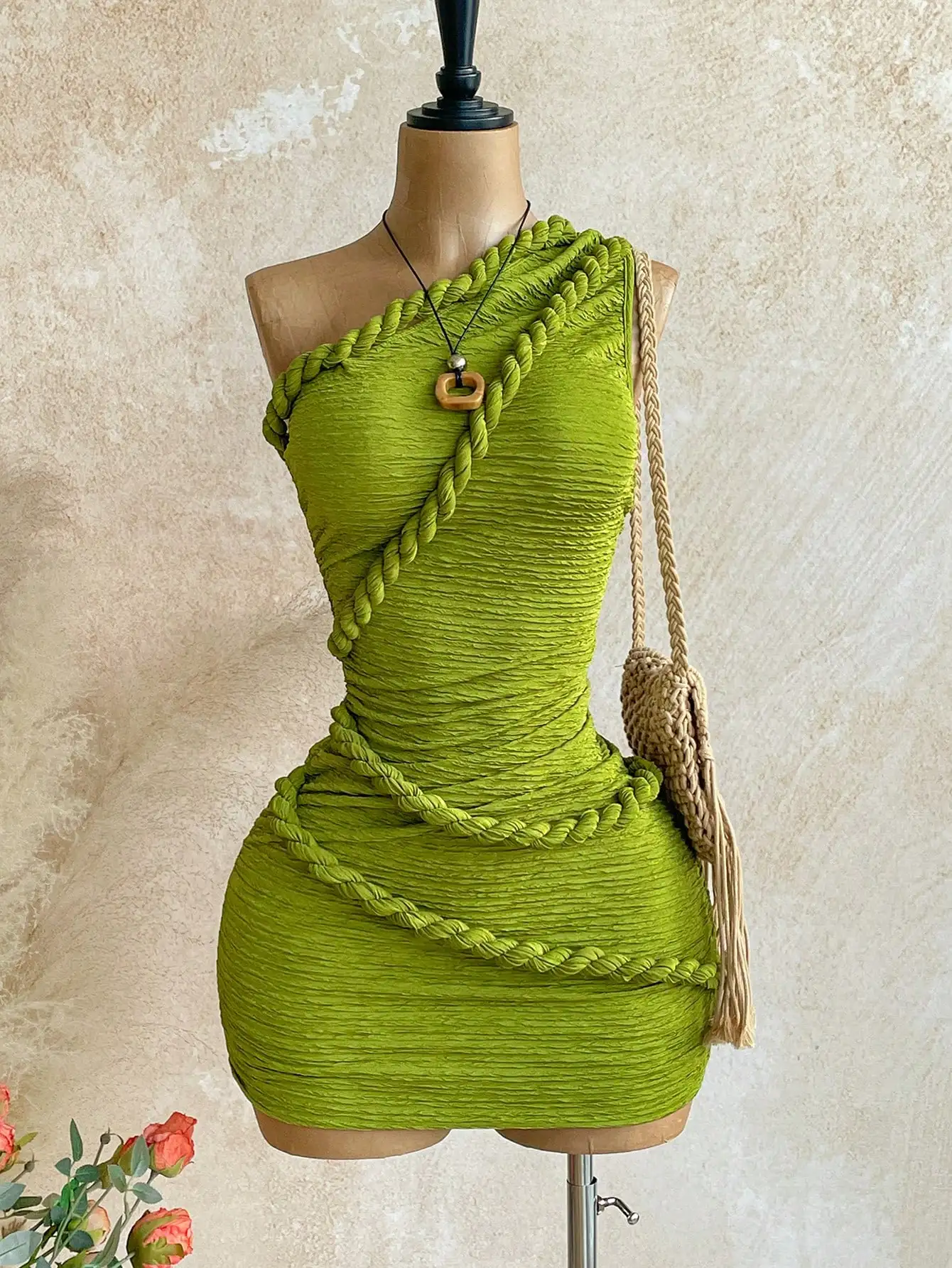 

Lime Green One-Shoulder Braided Strap Bodycon Mini Dress