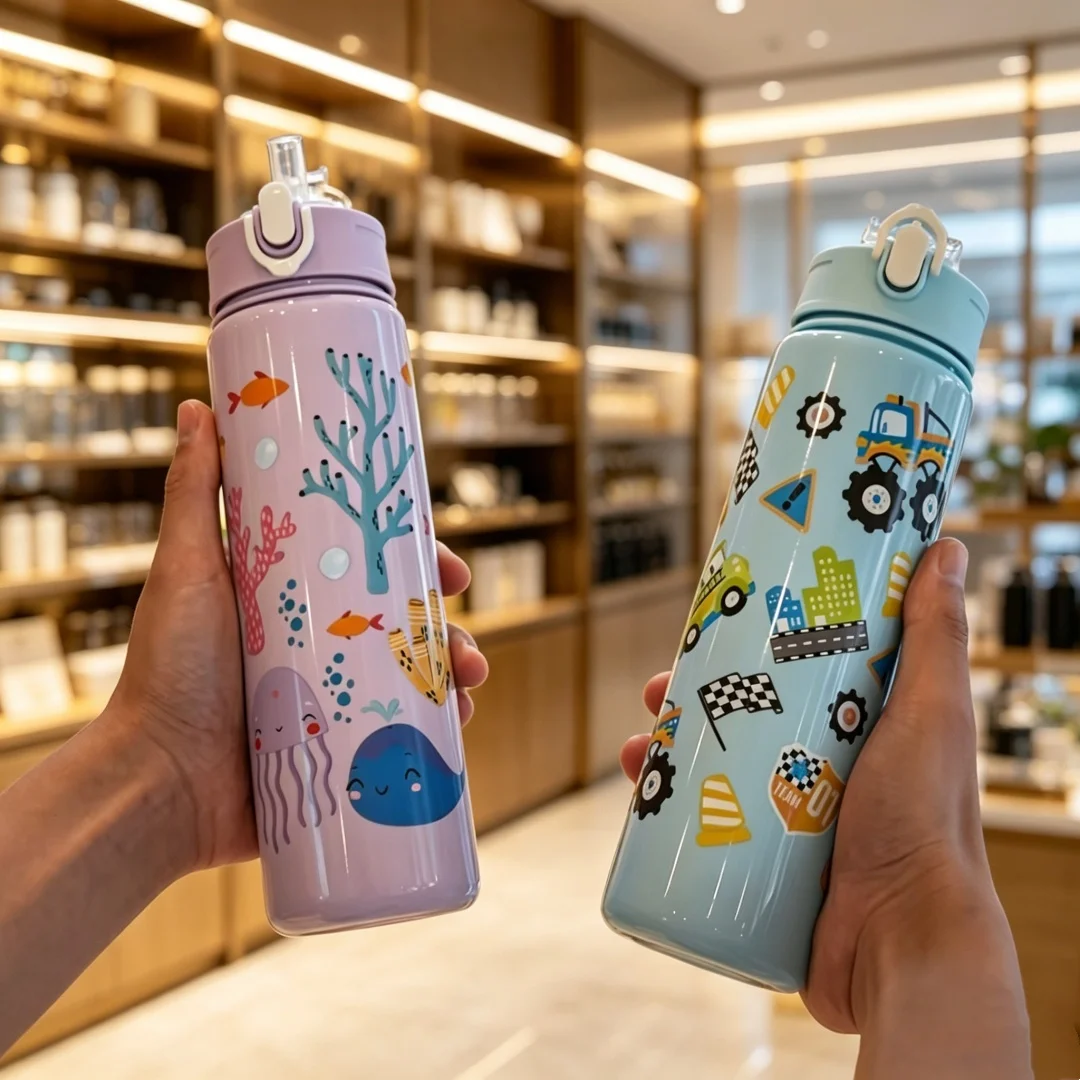 Cartoon Water Bottle with Car, Rainbow and Dinosaur Pattern, Trendy High-value Design, Lightweight & Leakproof, Daily Fitness