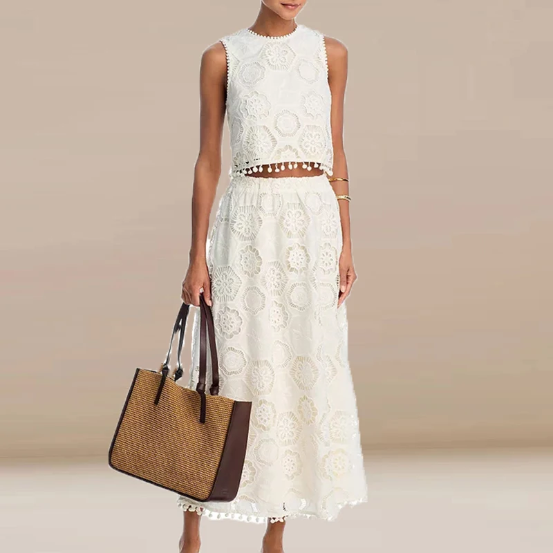 

Tassel Patchwork Sleeveless Party Suit Women's Fashion High Waisted Long Skirt Outfit Lace Embroidery Loose White Two Piece Set
