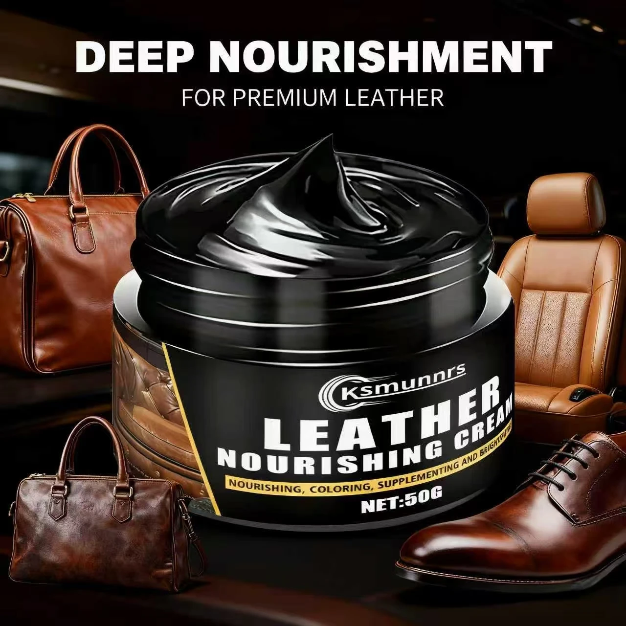 Ksmunnrs 50G Leather Nourishing Cream: 3-in-1 Coloring Balm, Works for Car Seats/Sofas, Revive Dull Leather Shine Fast ﻿