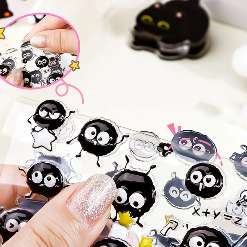1PC Cute Black Cat + Coal Ball Elf Theme 3D Embossed Sticker for DIY Scrapbook Phone Case Decoration Gift Craft Supplies image 4