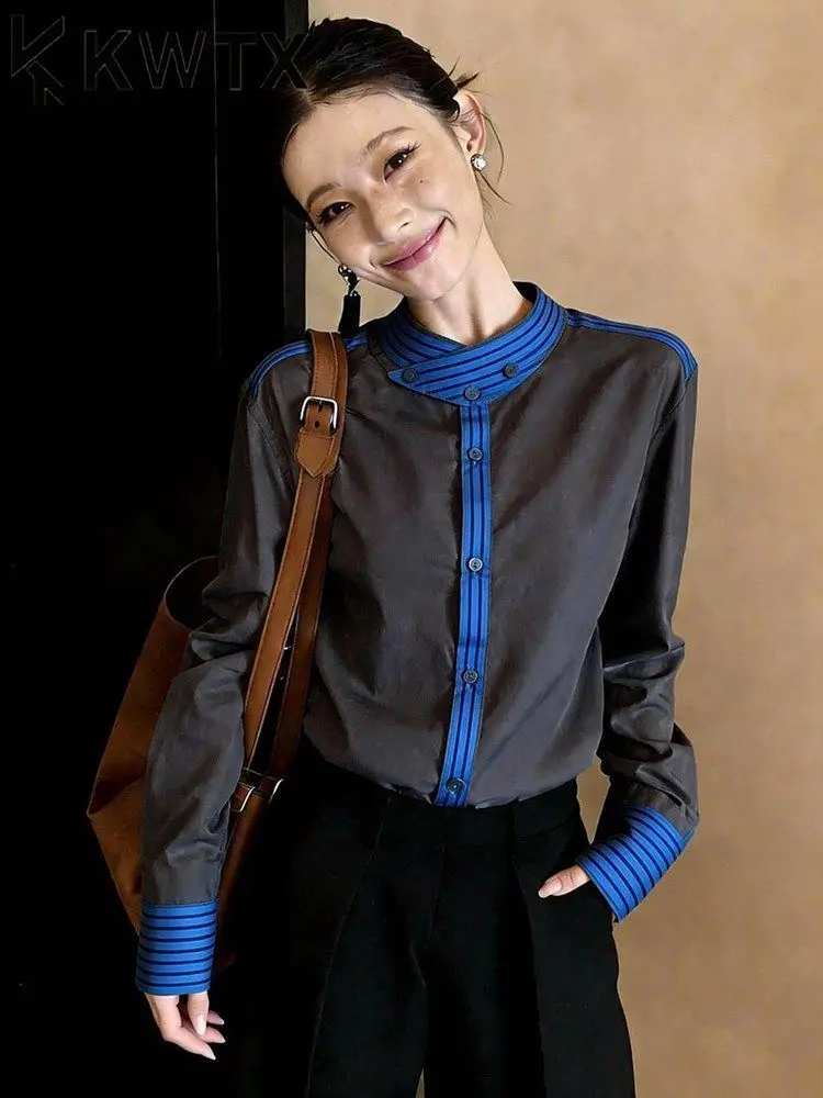 

2026 Trendy Women's Grey Contrast Stripe Shirt Mandarin Collar Asymmetric Button-Down Blouse, Retro Casual Style Office & Outfit