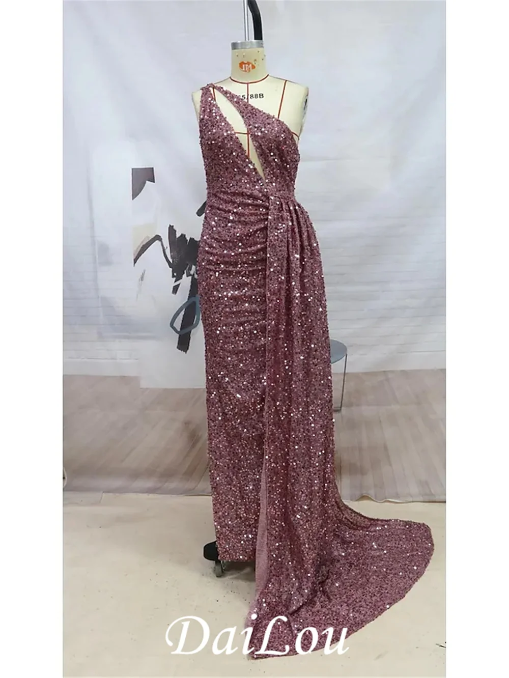 A-Line Sparkle & Shine High Split Prom Formal Evening Dress One Shoulder Sleeveless Court Train Sequined with Sequin Slit