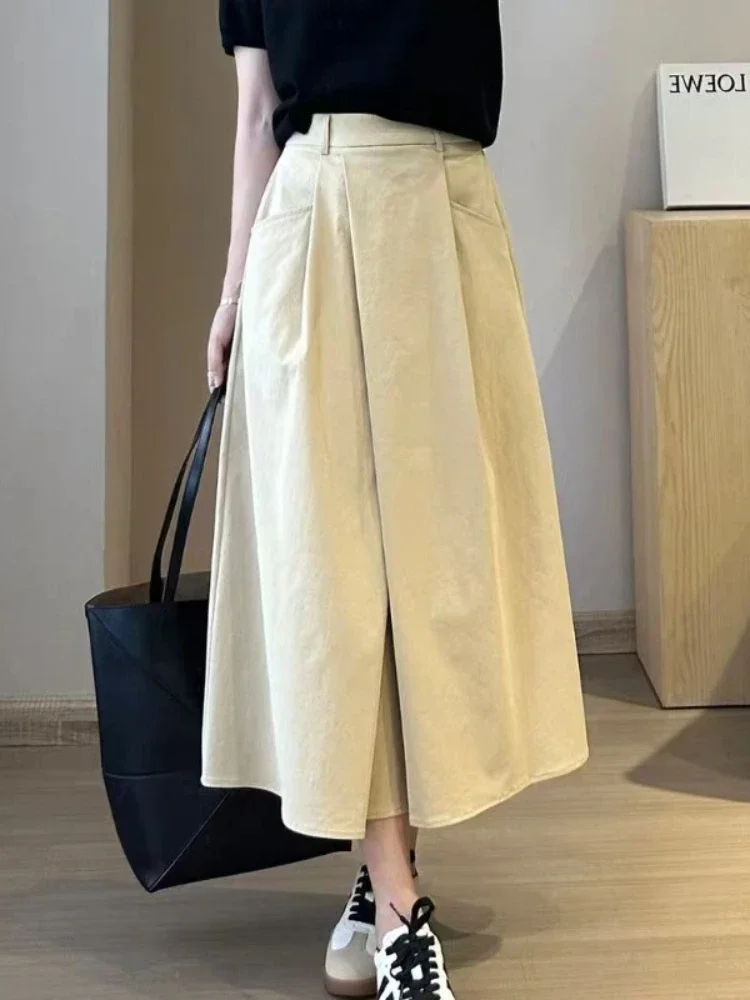 2026 Summer Leisure A- Line Chinese Origin Simple Plus Size Mid Length Skirt Solid Big Size Half Skirt for Women with Pocket image 3