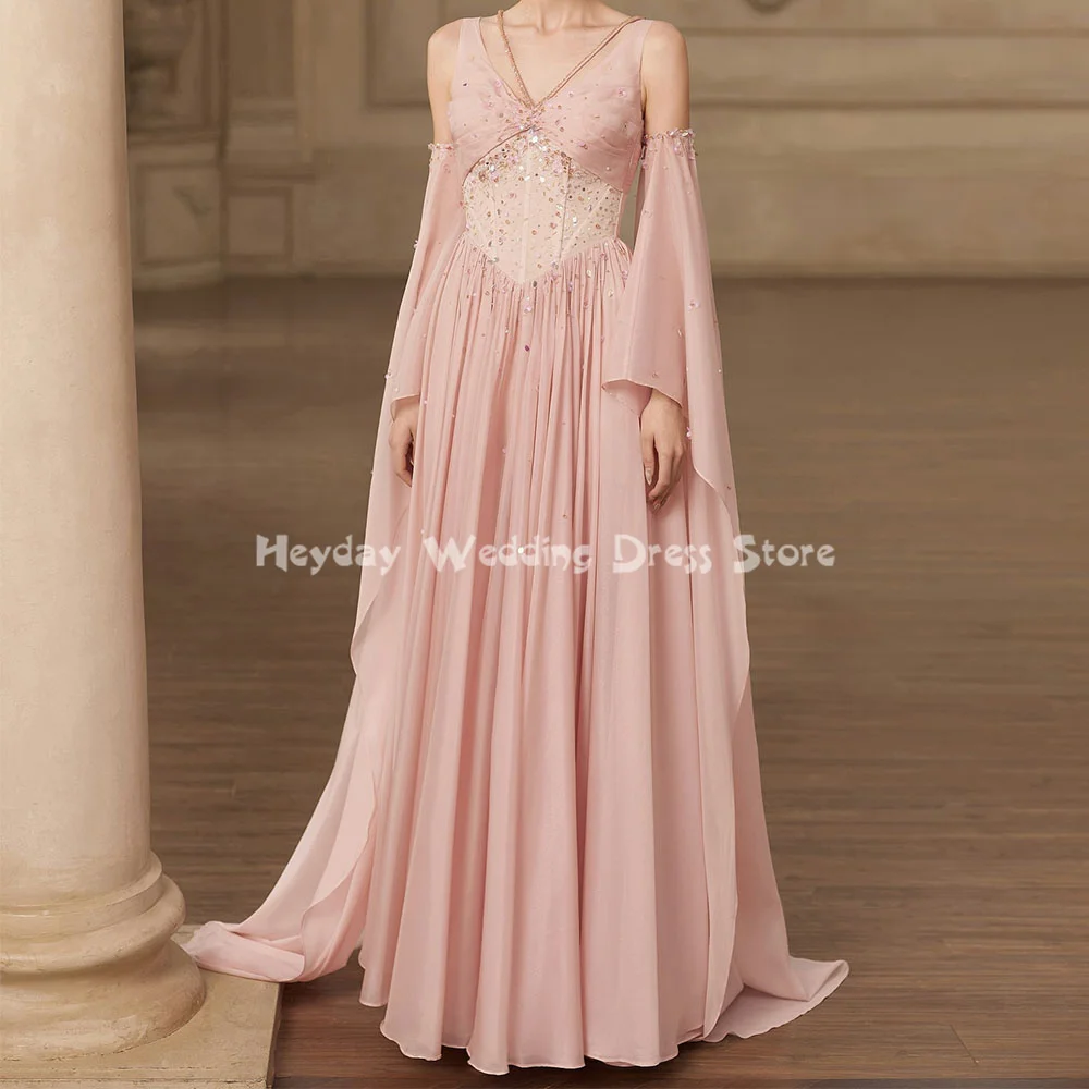 

Heyday Chiffon Off-the-shoulder Beaded A-Line Floor-Length Evening Dresses Sleeveless With Long Gloves Elegant Dresses 2025