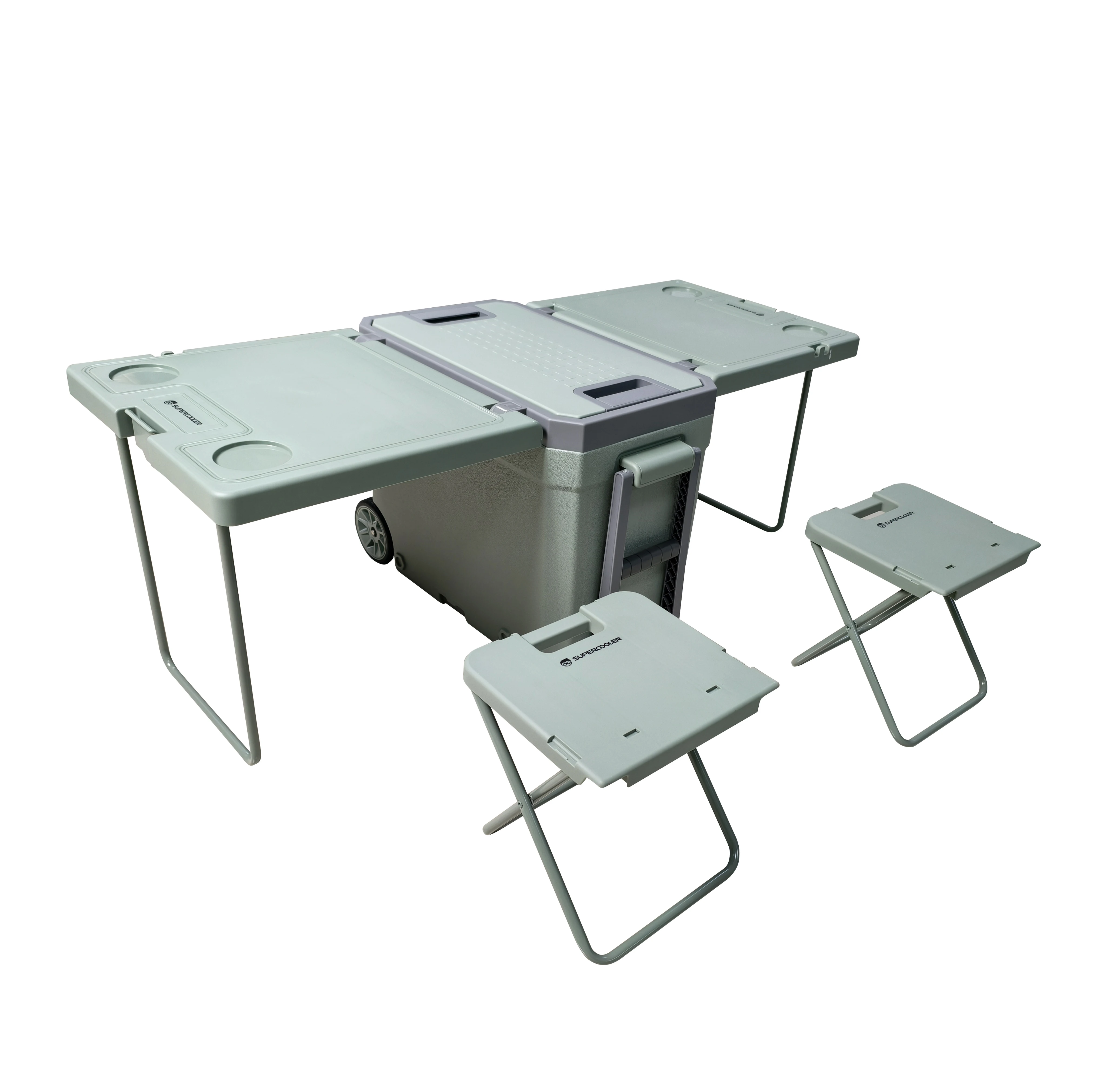 

Multifunctional vacuum insulated box with wheels, table & chair set, foldable, great for picnic & camping.