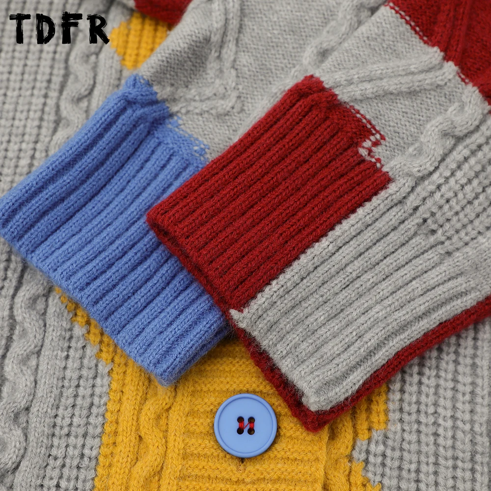 Color Block Sweatercoat Mens Autumn Winter Retro Casual Single Breasted Pleated Knitted Long Sleeve Sweater Cardigan Man