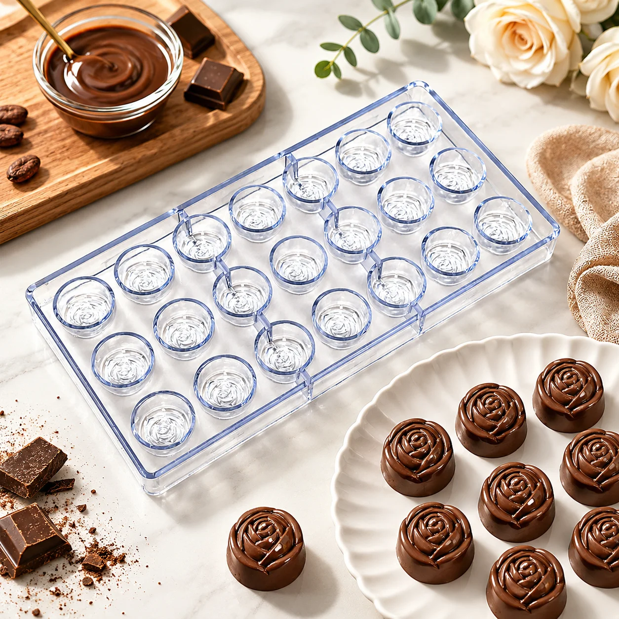 Polycarbonate Rose Shape Chocolate Mold, Beginner Friendly Candy Bonbons Mould for Home Baking & Confectionery