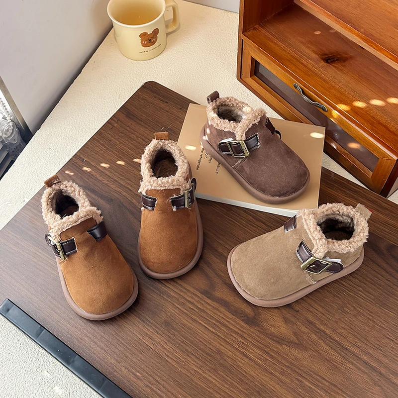 

Сапоги из искусственной овчины для маленьких девочек с пряжкой, новинка 2024, зимние детские сапоги на теплой подкладке, нескользящие универсальные школьные зимние сапоги