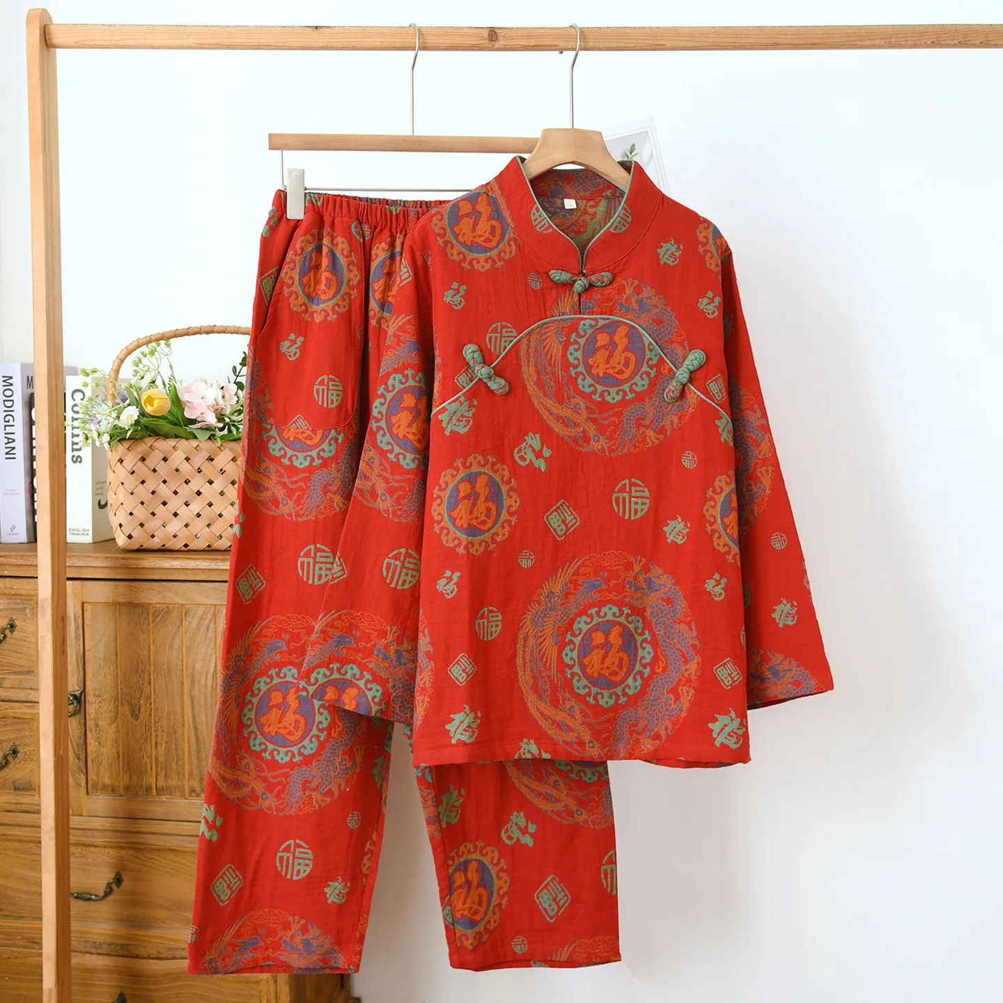 Women's Cotton Two-Piece Home Wear Set, Traditional Knot Buttons, Vintage Floral Print, Relaxed Fit Breathable Loungewear
