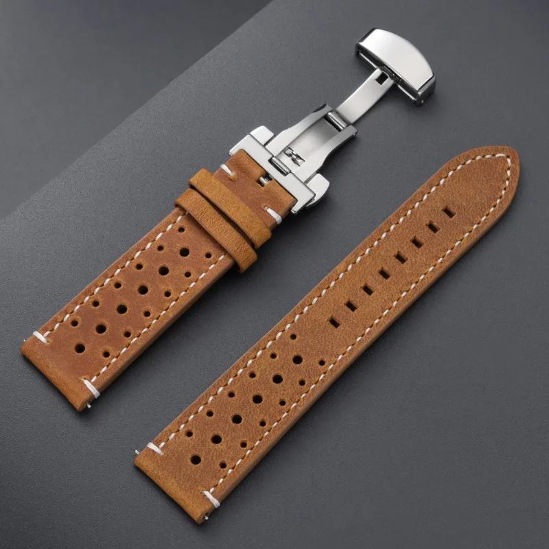 Vintage handgefertigtes Leder-Uhrenarmband, 18/19/20/21/22/24 mm, atmungsaktives Schnellverschluss-Armband, Ersatzarmband mit Schmetterlingsverschluss