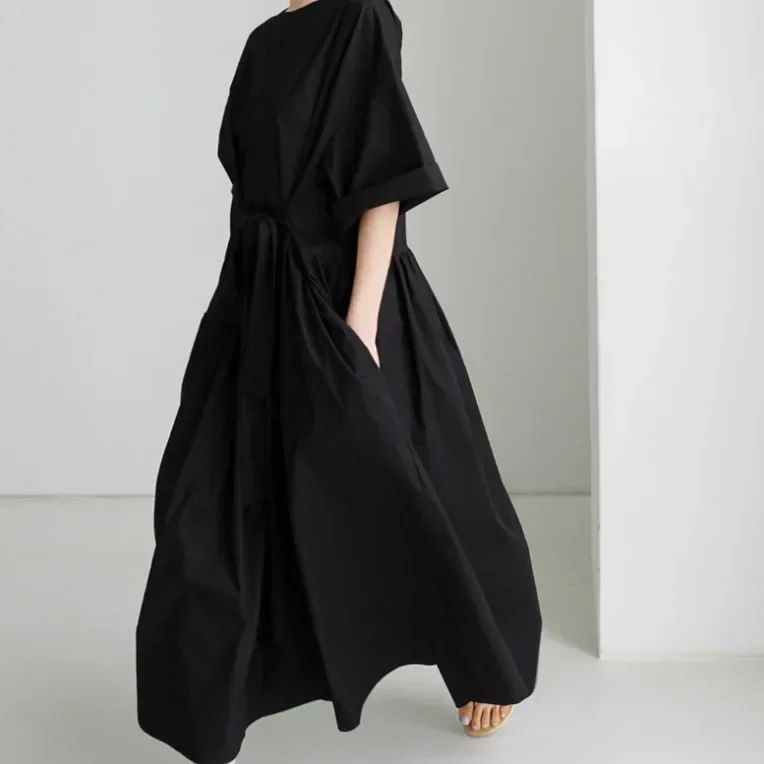 ゆったり大きいサイズロング膝丈ラウンドネックオーバーヘッドドレス 2025 学生ボウノットドレスフェミニンエレガントなスタイル