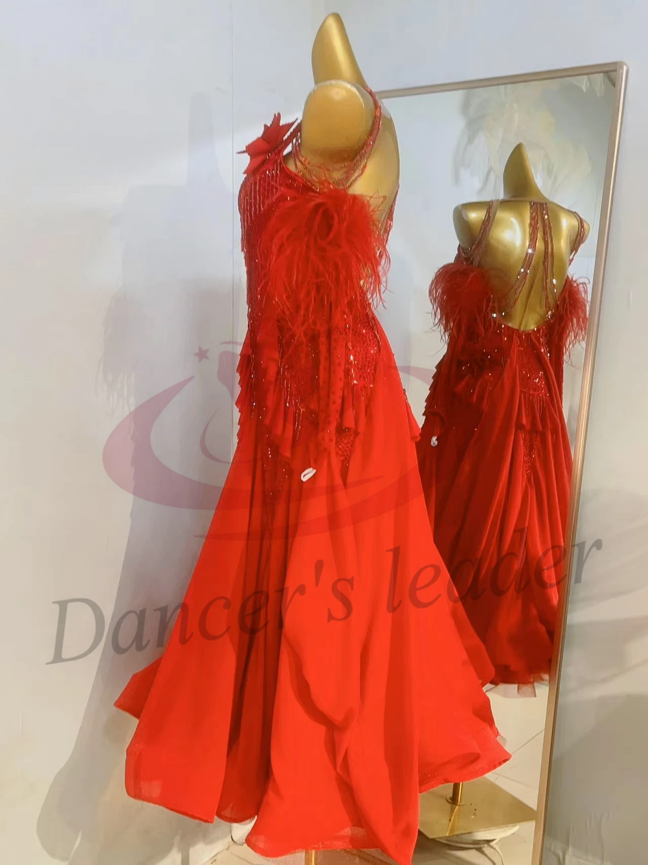 Latin Dance Competition Women's High-end Custom Blood Red Diamond Cake Ribbon Skirt Samba Performance Rhinestone Dress