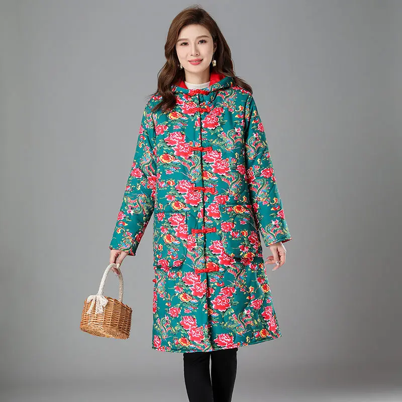 Winter Clothes Mother\'s Ethnic Style Big Flower Thickening Cotton Padded Jacket Large Size Loose Retro Fashion Quilted Coat T598