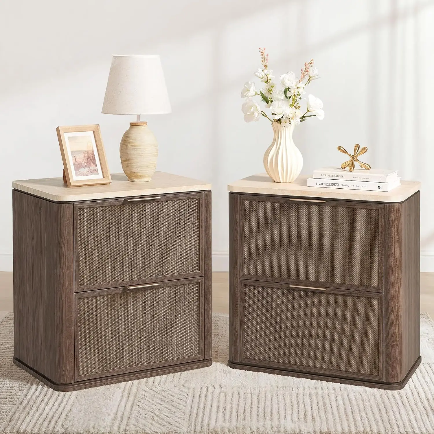 2PCS 23.11Inch Wide Boho Mid Century Rattan Nightstand With 2 Drawers Faux Apartments Marble Top Bedroom Bedside Table Custom