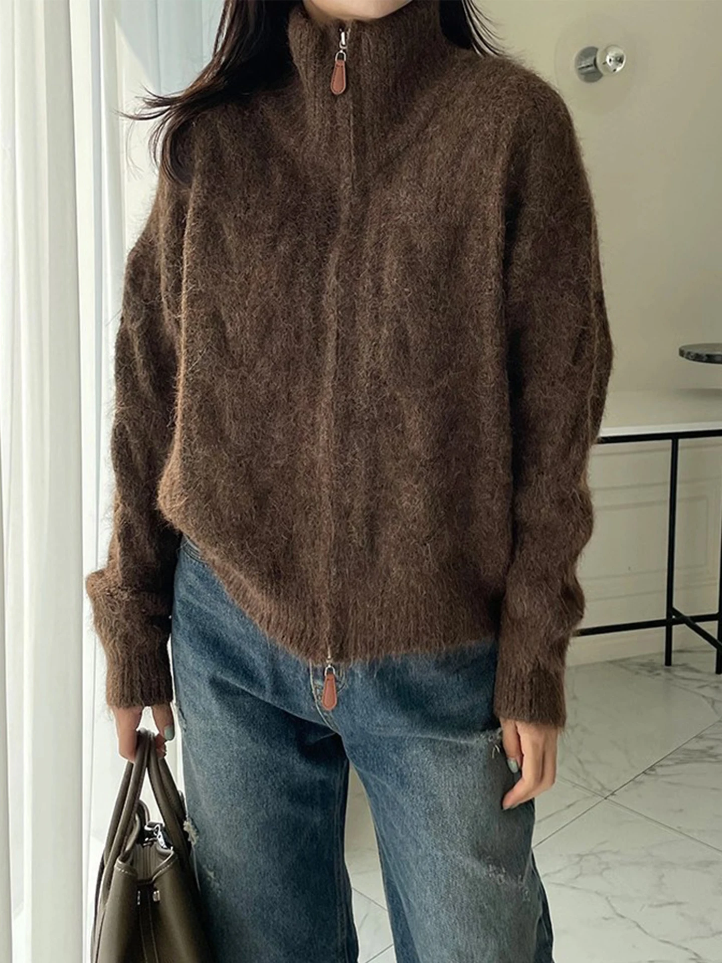 المرأة عالية الياقة مزدوجة سستة محبوك سترة معطف لينة شتاء دافئ جديد Sle الدانتيل نمط طويل Sve سترة أعلى #3