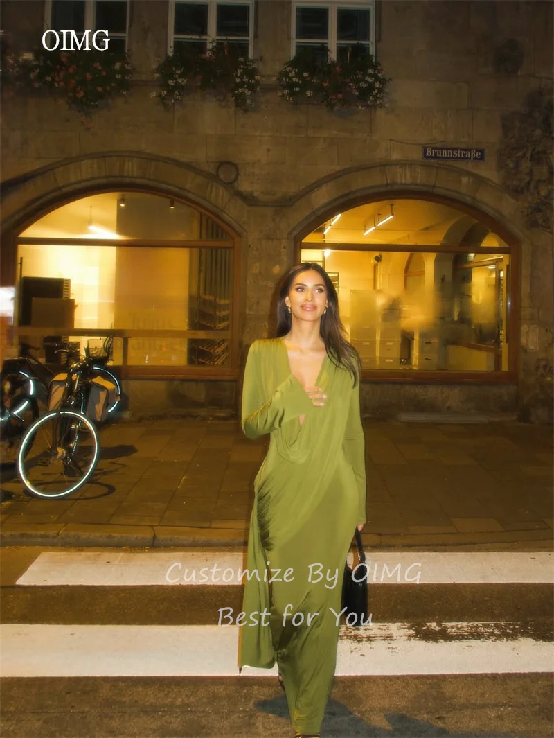 OIMG Sexy Deep V Neck Mustard Green Mermaid Prom Gowns Maxi Pleated Party Gown Long Sleeve Floor Length Evening Dress Customized