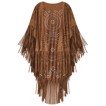 Camel Suede Floral Hollow Out Fringe Tassel Shawl Women Vintage Capes Ponchos Autumn Bohemian Cardigan Cloak Boho Capes