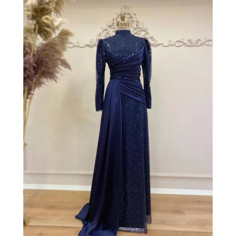 

Muslim Islamic Stand Collar Long Sleeved Pearl Lace Slimming Evening Gown Shiny Abaya Dubai Luxury Elegant Party Dresses