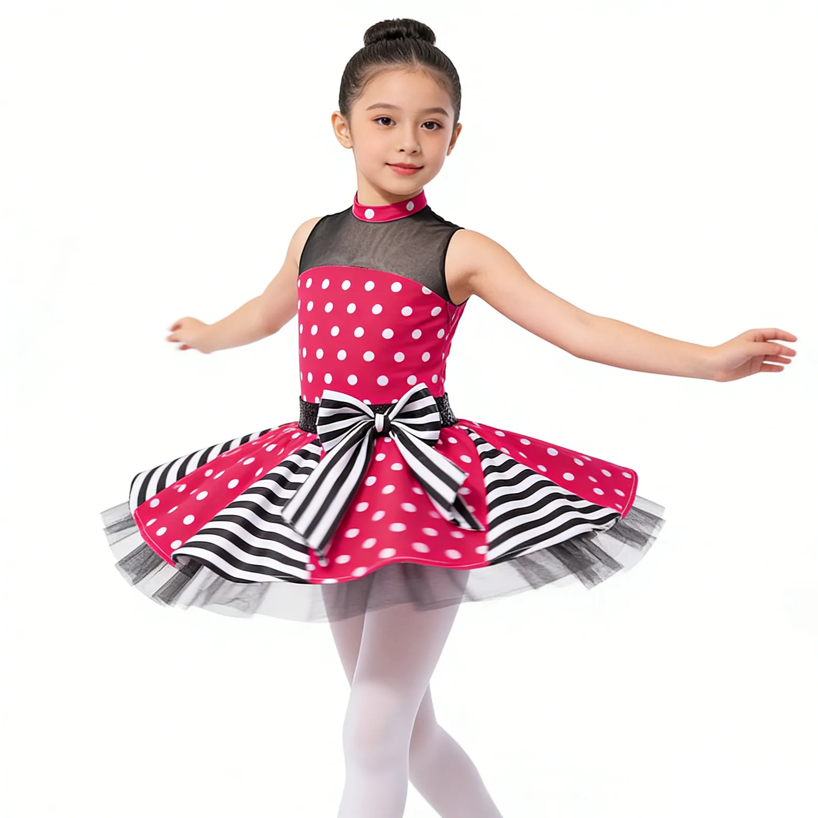

Kids Girls Ballet Jazz Latin Performance Costume Dancewear Polka Dots Print Mesh Sequins Bowknot Waist Ballerina Tutu Mesh Dress