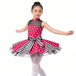 Disfraz de Ballet y Jazz para niña, traje de baile latino, Ropa de baile con estampado de lunares, malla con lentejuelas, lazo en la cintura, tutú de bailarina, vestido de malla