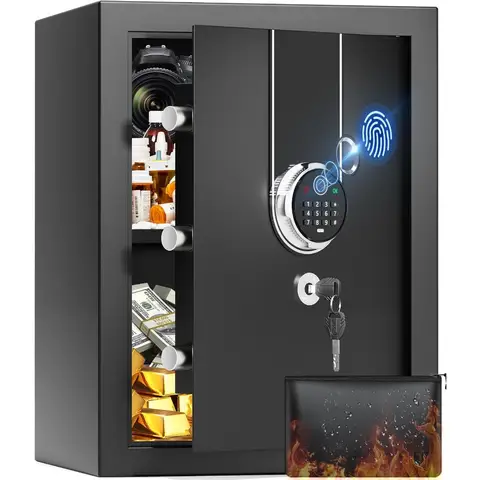 1.6 Cuft Biometric Safe Box Fire Proof Safe for Home Documents with Fingerprint Lock Combination Keypad Keys AntiTheft Dual Ale