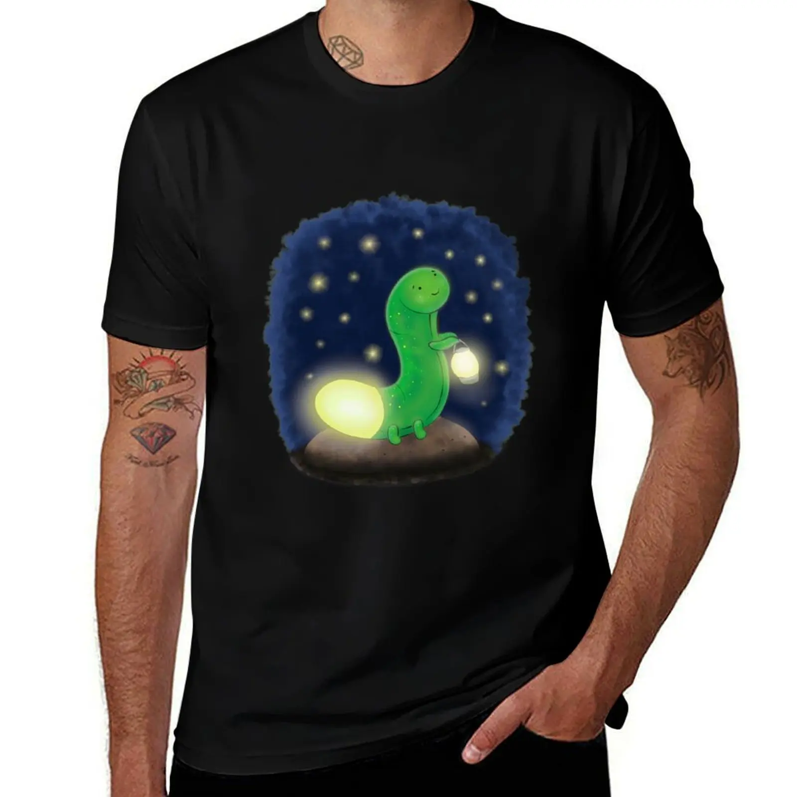 Cute green glow worm with lantern cartoon illustration T-Shirt Basic Solid Color Short Sleeve Cotton Top