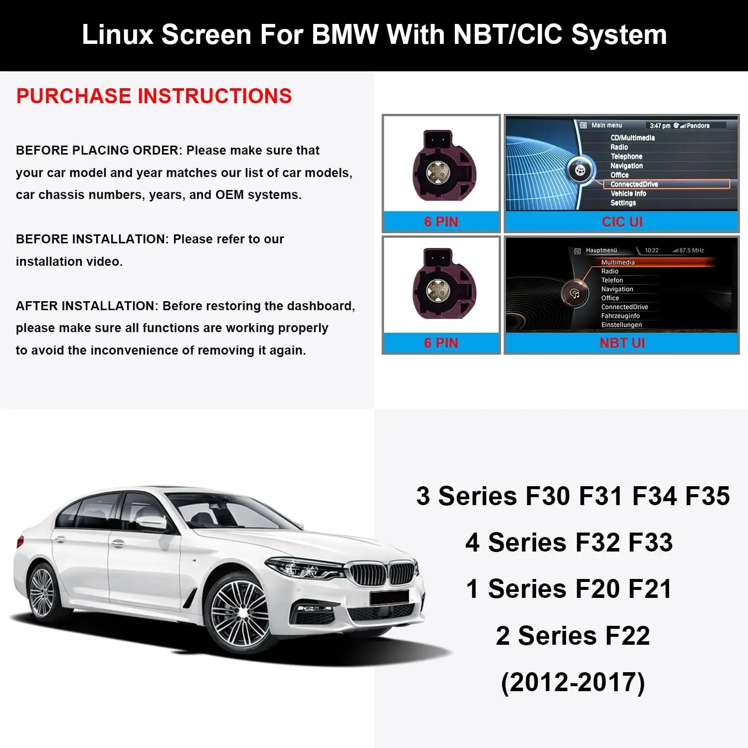 شاشة وحدة رأس الوسائط المتعددة للسيارة Linux مقاس 10.25 بوصة لسيارة BMW 2012-2017 1/2/3/4 Series F20 F22 F30 F35 NBT CIC، تدعم Carplay Andro