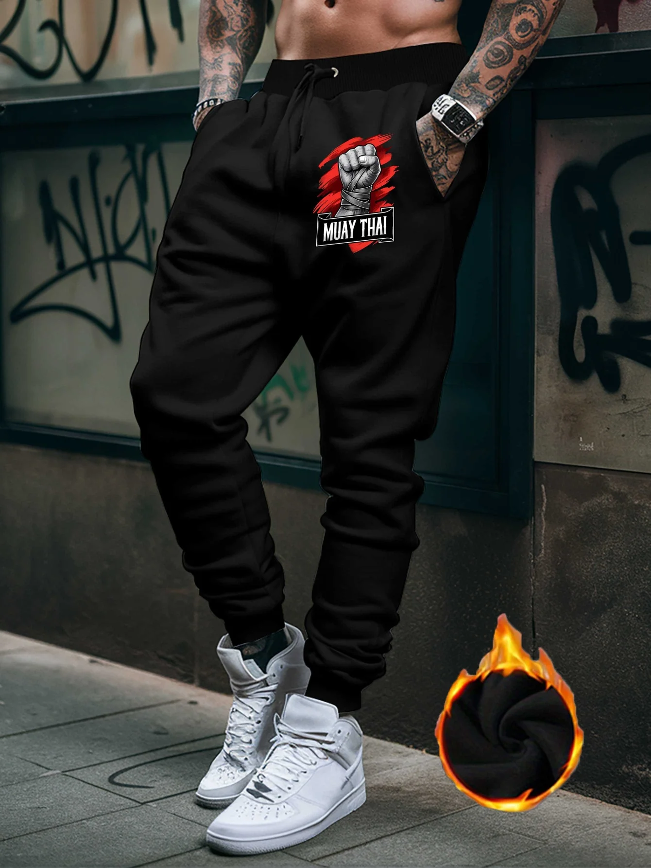 Fight‑aesthetic Muay Thai wrapped fist graphic print stylish tapered sweatpants men hip hop sports jogger trousers soft texture