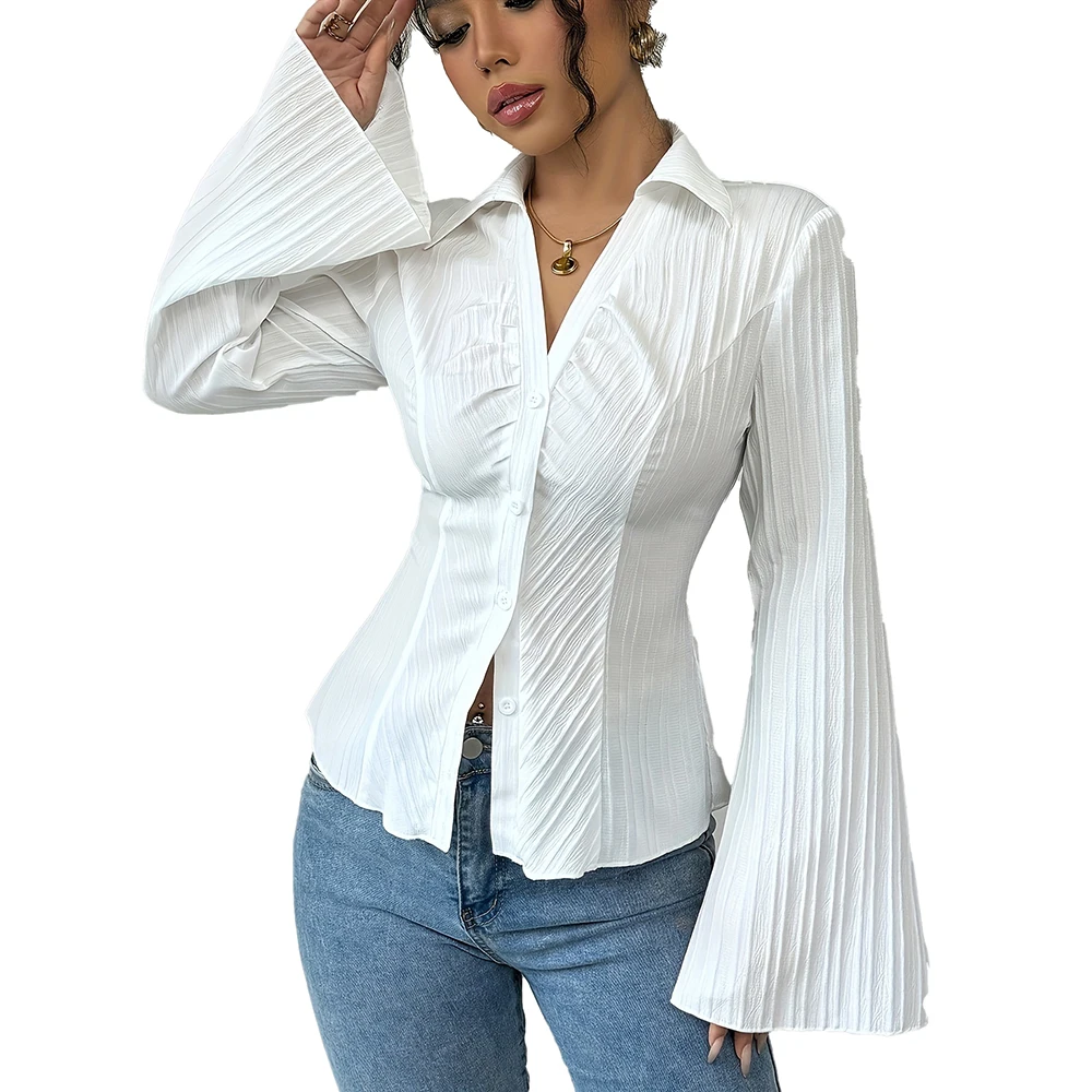

Новая женская элегантная однобортная рубашка в белую полоску с v-образным вырезом, модная повседневная рубашка, женская блузка, топ