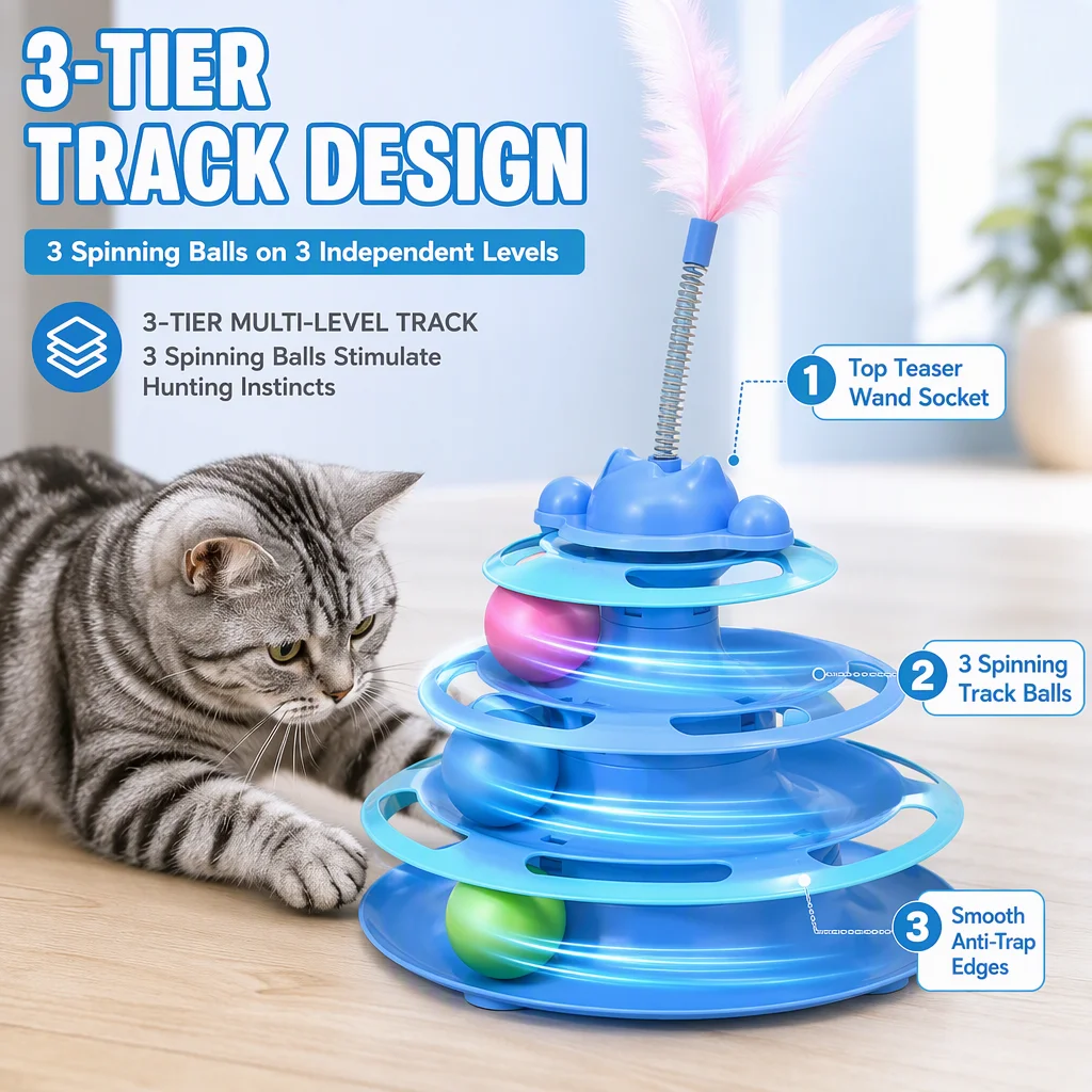 3 Tier Cat Toy Tracks Tower with Spinning Balls Interactive Cat Turntable Roller Kitten Feather Teaser Wand Socket Indoor