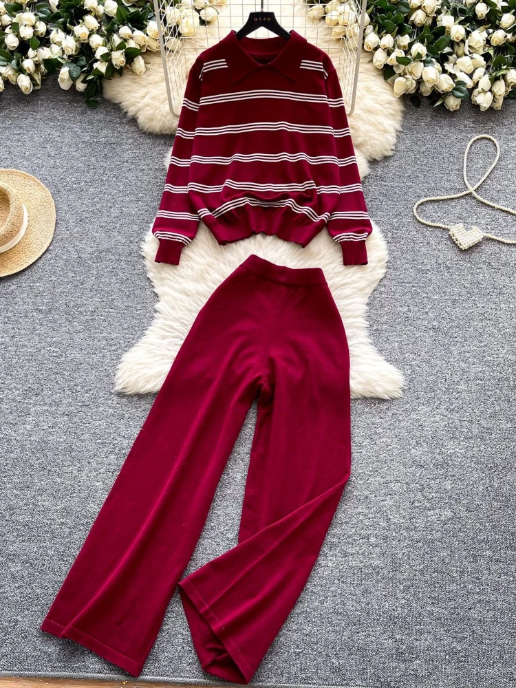 Women Pant Set Two Piece Sets Turn Down Collar Full Sleeve Striped Knitted Tops Wide Leg Long Pants Elastic Waist Y2k Streetwear
