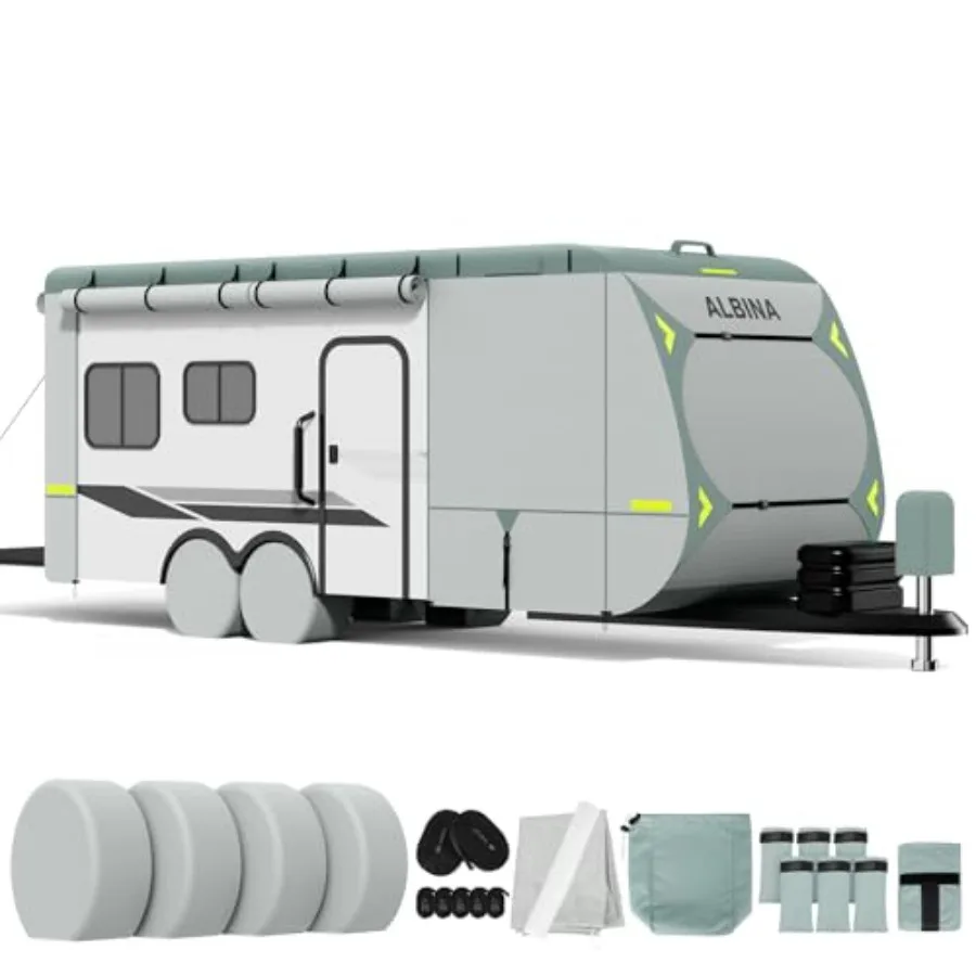 

RV cover for travel trailer, 300D Oxford fabric, black, waterproof tearproof windproof with zipper door, jack cover, 4 tire cov