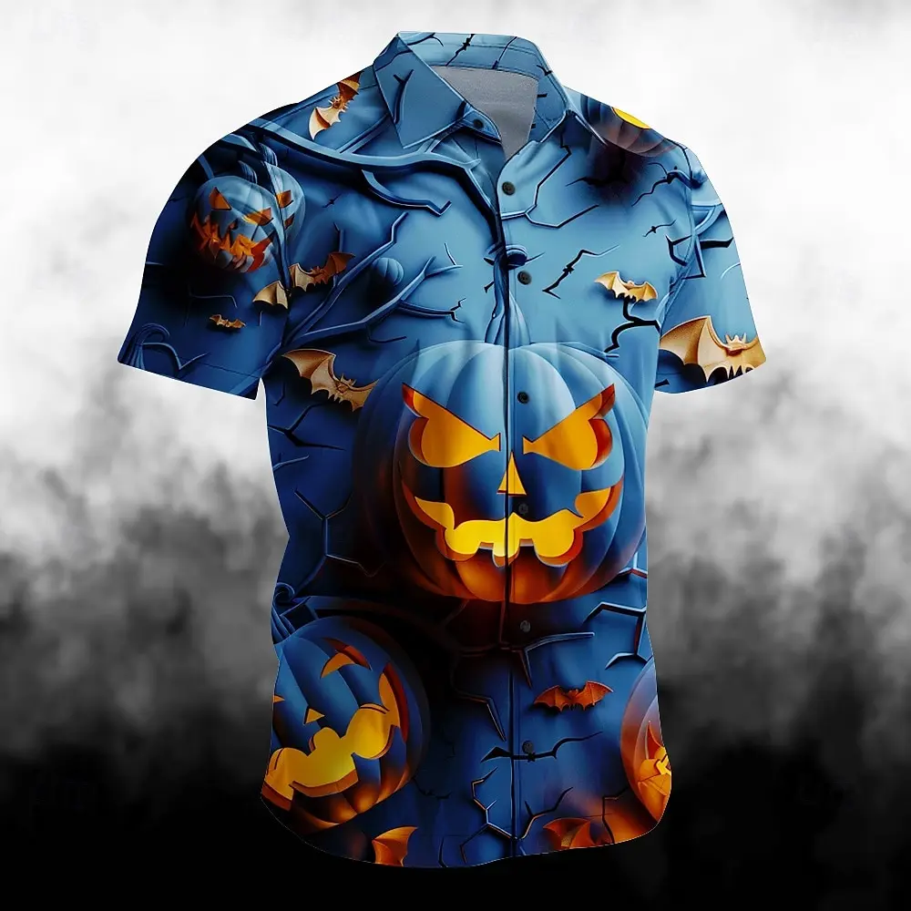 Camisa de Halloween para hombres, camisa de manga corta con estampado de cabeza de calabaza de terror, ropa informal para vacaciones, camisas hawaianas de gran tamaño