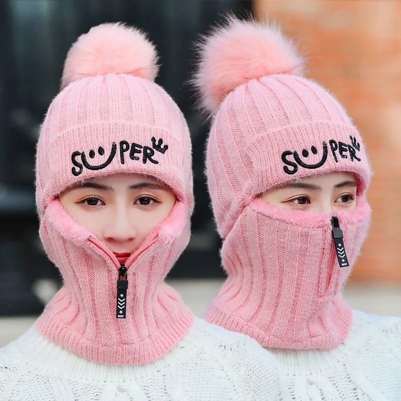 Coral Fleece Knitted Hats Winter Women Earflaps Zipper Scarf Keep Face Beanies Thick Warmer Balaclava Pompoms Skull Caps