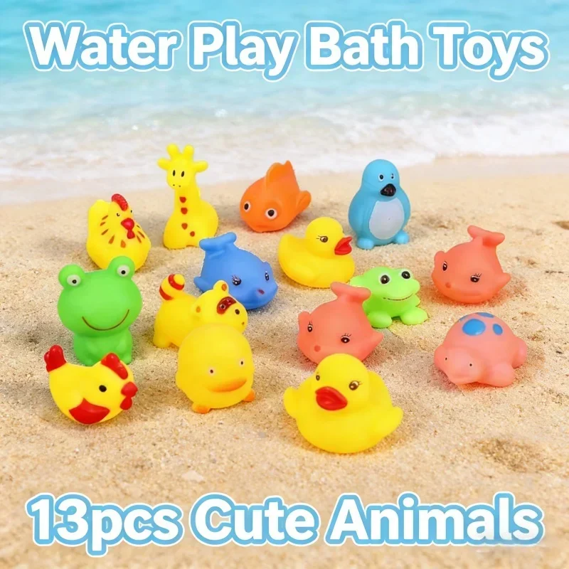 13pcs Kid Water Play Bath Toys Cute Animals Soft Rubber Float Squeeze Sound Bathing Wash Play Funny Toys Gifts For Baby Toddlers