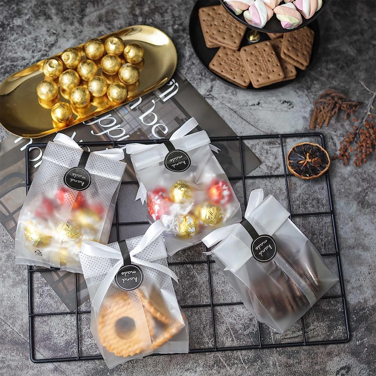 Kekstüten für Geschenke, transparente Cellophan-Beutel für Gastgeschenke, Mini-Loaf, Bundt-Kuchen, heiße Schokolade Verpackung mit Aufklebern – Detail 3