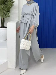 Conjuntos musulmanes de seda de hielo sólido de manga larga para mujer, ropa islámica elegante ajustada, moda de Dubái, Arabia Saudita, 2 piezas