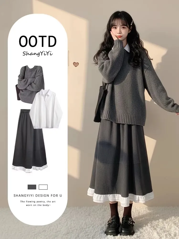 

Spring Knitted Tee-Piece Set Women's Sle Age-Defng Sweater Inner Wear Slimming Splicing Skirt Faionable Ensemble