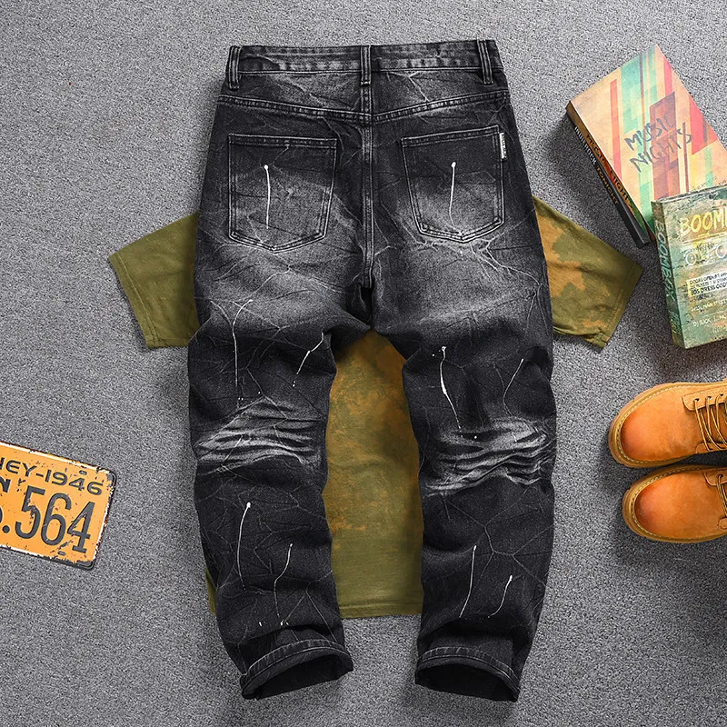 Men's Korean Style Black Vintage Jeans, Streetwear Paint Splatter Design, Fashion Casual Straight Leg Denim Pants