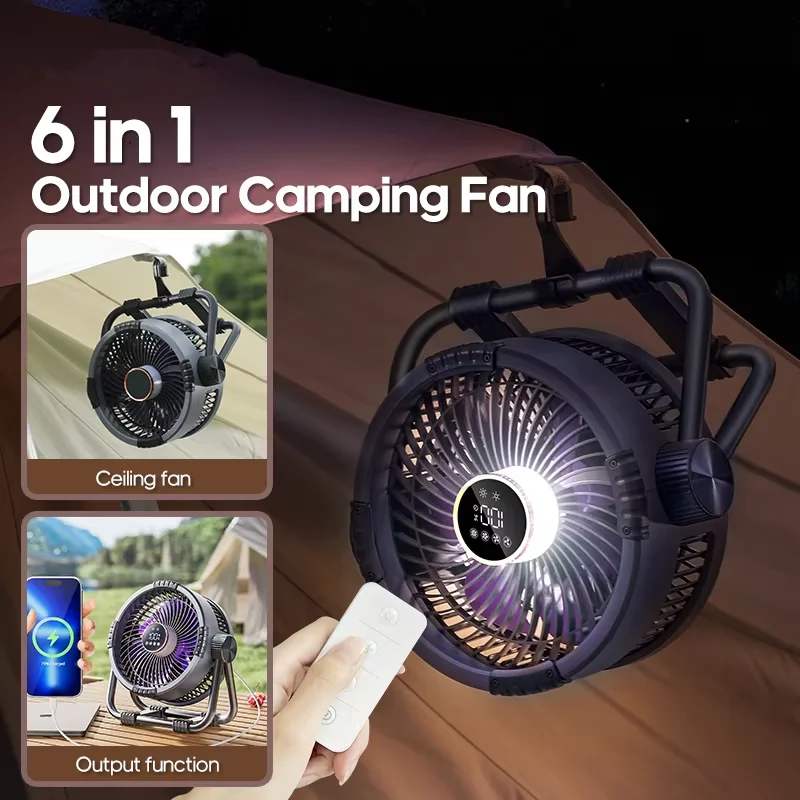 Multifunctional outdoor camping fan lighting rechargeable ceiling fan with 3-speed night light and large capacity portable