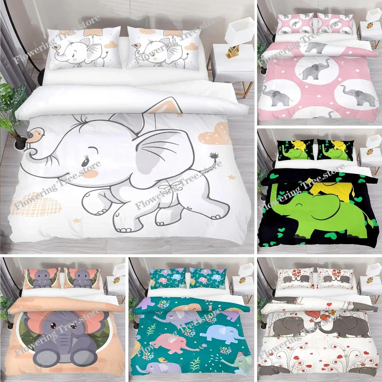 Kids Cartoon Elephant Duvet Cover Lovely Animal Theme Bedding Set Full For Girls Boys Kawaii Room Decor Microfiber Quilt Cover